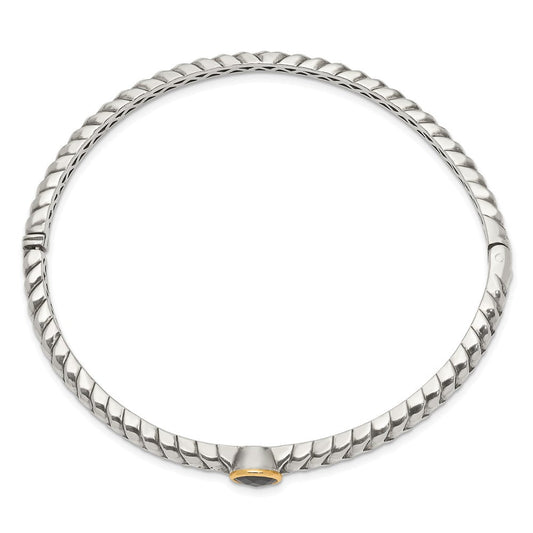 Shey Couture Sterling Silver with 14K Accent Antiqued Checkerboard-cut Black Onyx Hinged Bangle Bracelet QTC948