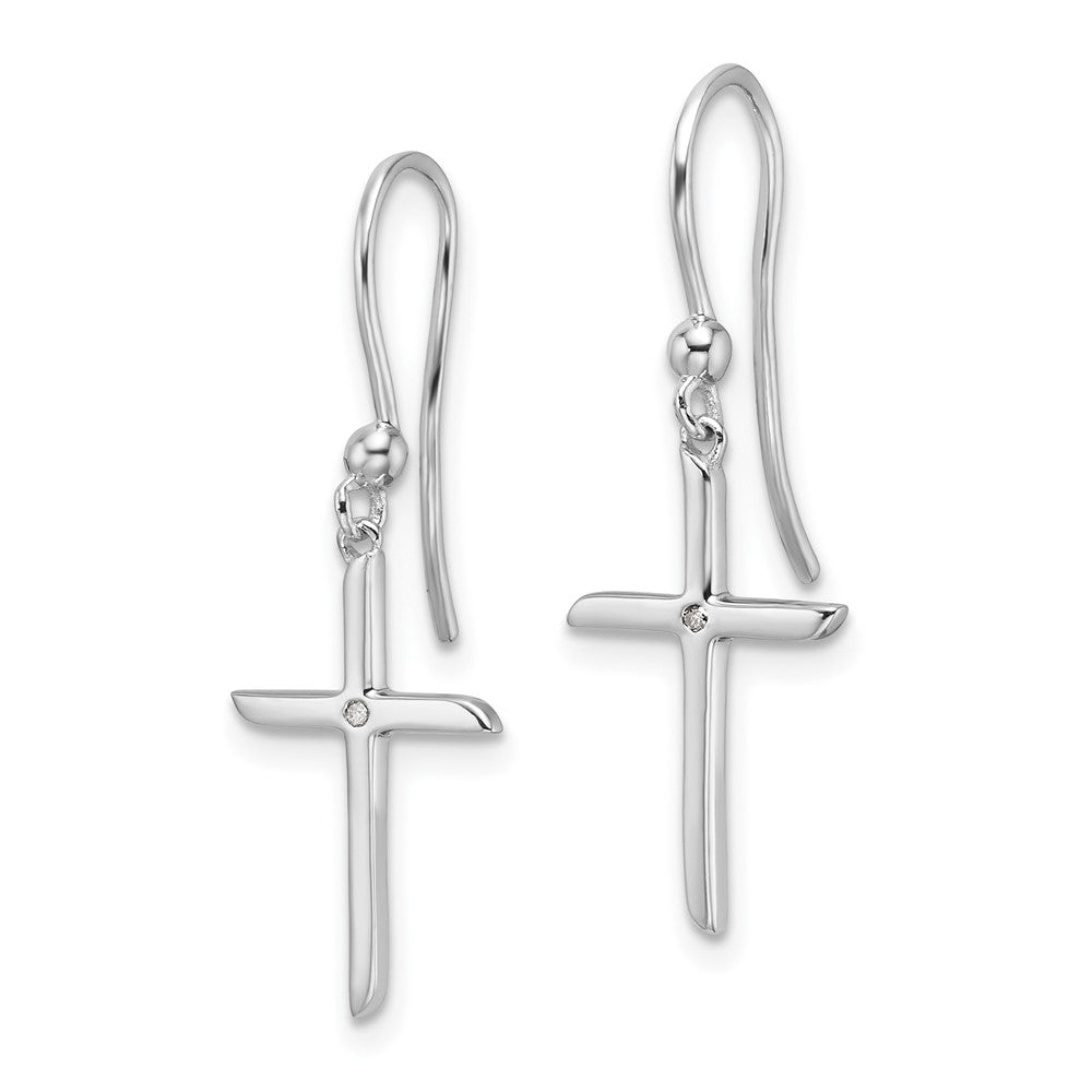 QW572 White Ice Sterling Silver Rhodium-plated Diamond Cross Shepherds Hook Dangle Earrings