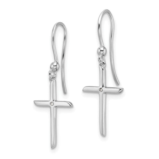 QW572 White Ice Sterling Silver Rhodium-plated Diamond Cross Shepherds Hook Dangle Earrings
