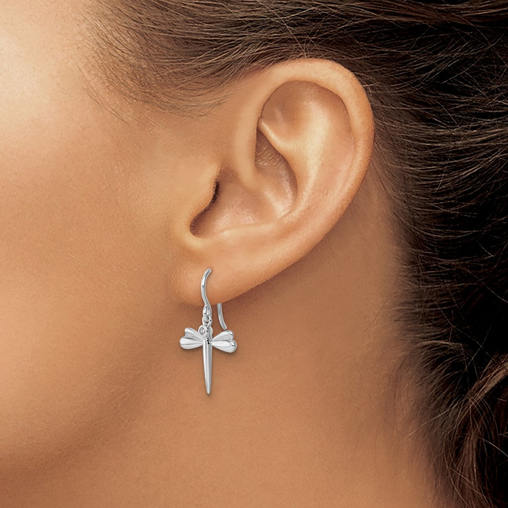 QW599 White Ice Sterling Silver Rhodium-plated Diamond Dragonfly Dangle Earrings