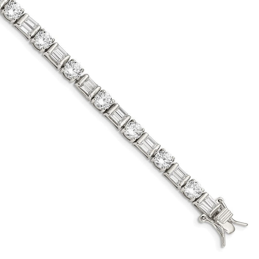 Sterling Silver Rhodium-plated Baguette and Round CZ Bracelet QX111CZ