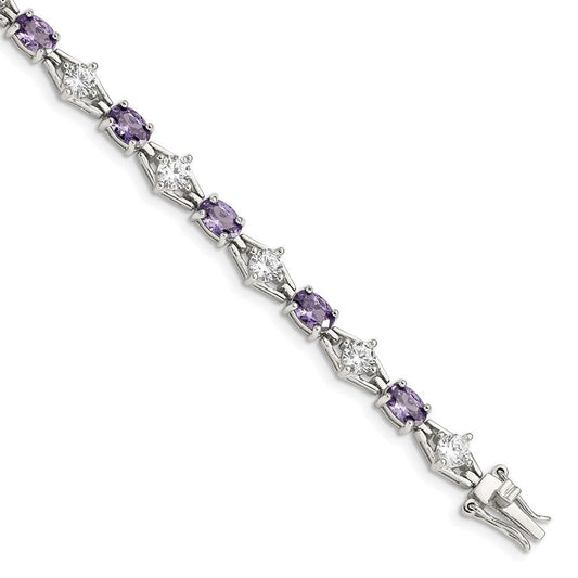Sterling Silver Rhodium-plated Purple and Clear CZ Bracelet QX224CZ