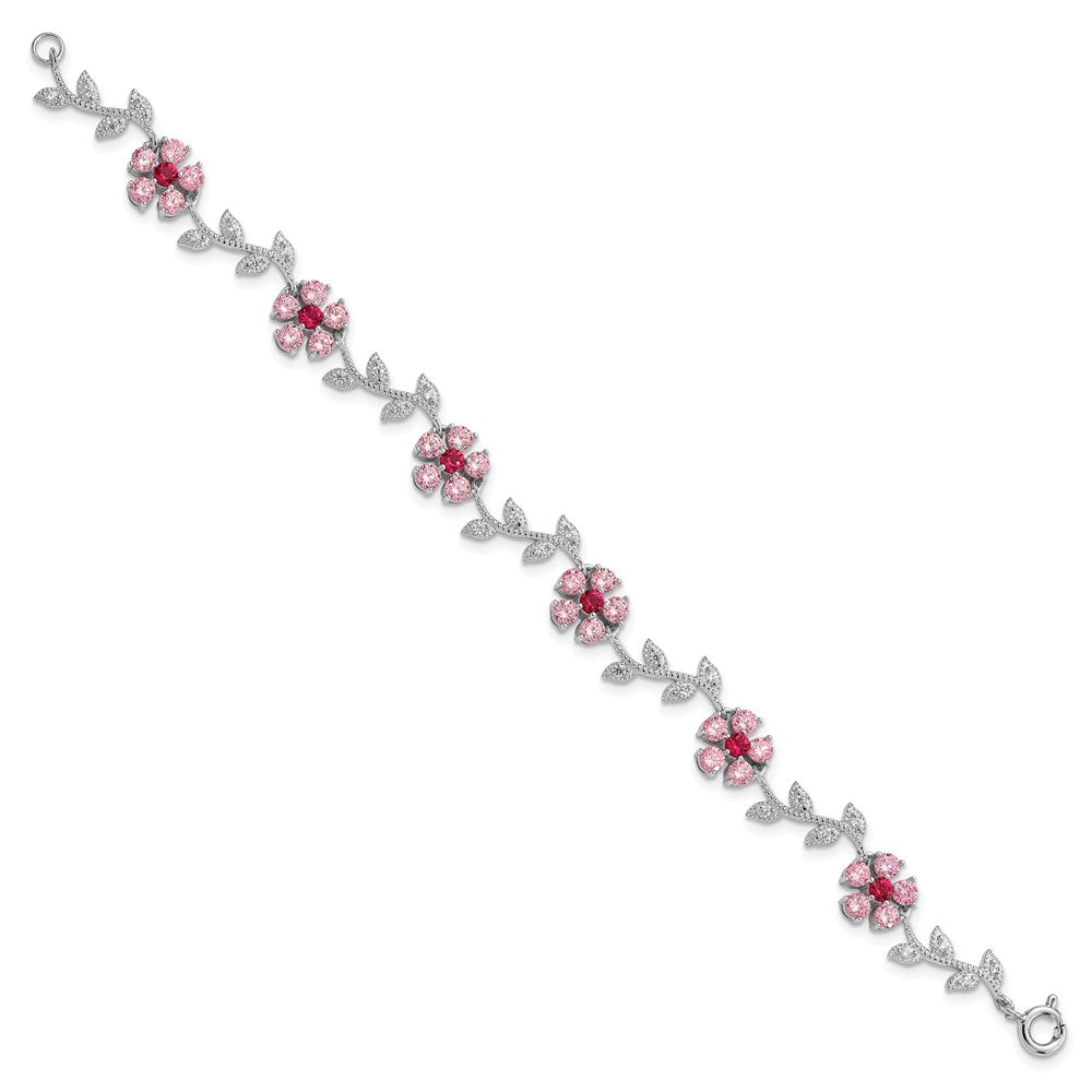 Sterling Silver Rhod-plated 7.75in Pink and Clear CZ Flower Bracelet QX420CZ