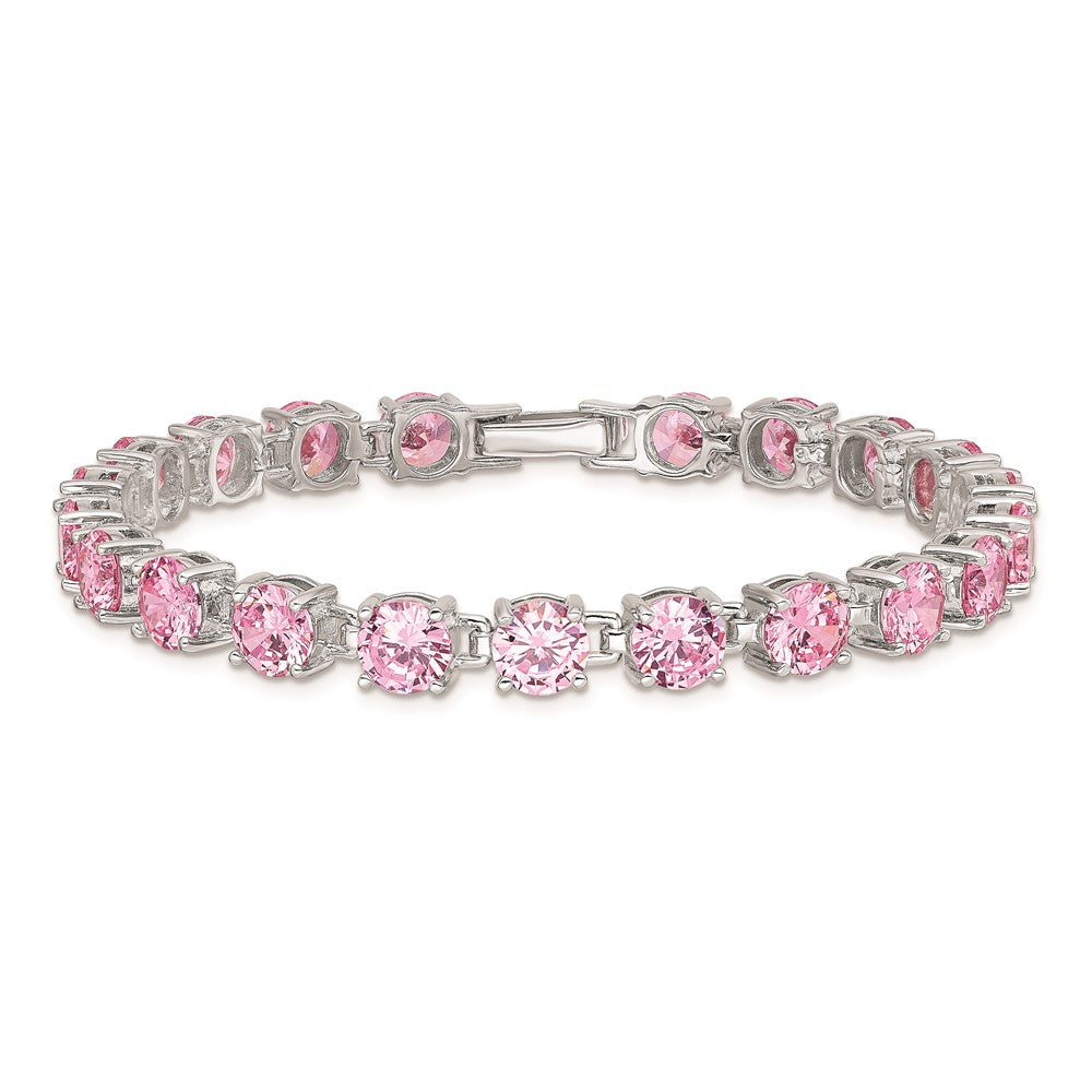 Sterling Silver Rhodium Plated Pink CZ 7 inch Tennis Bracelet QX424CZ