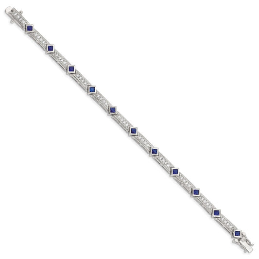 Sterling Silver Rhodium-plated Blue Glass and CZ 7.25 inch Bracelet QX436CZ