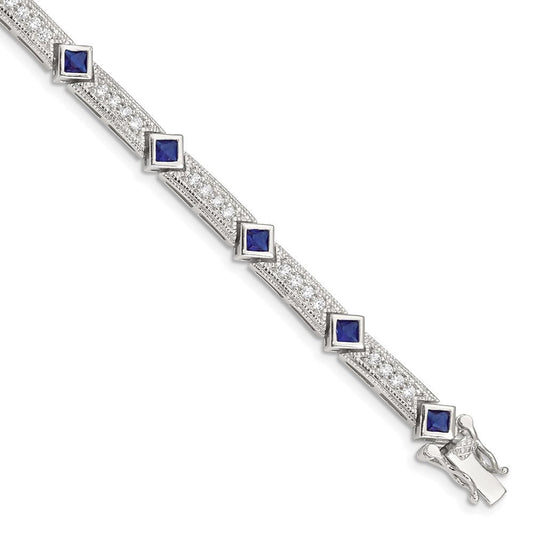 Sterling Silver Rhodium-plated Blue Glass and CZ 7.25 inch Bracelet QX436CZ