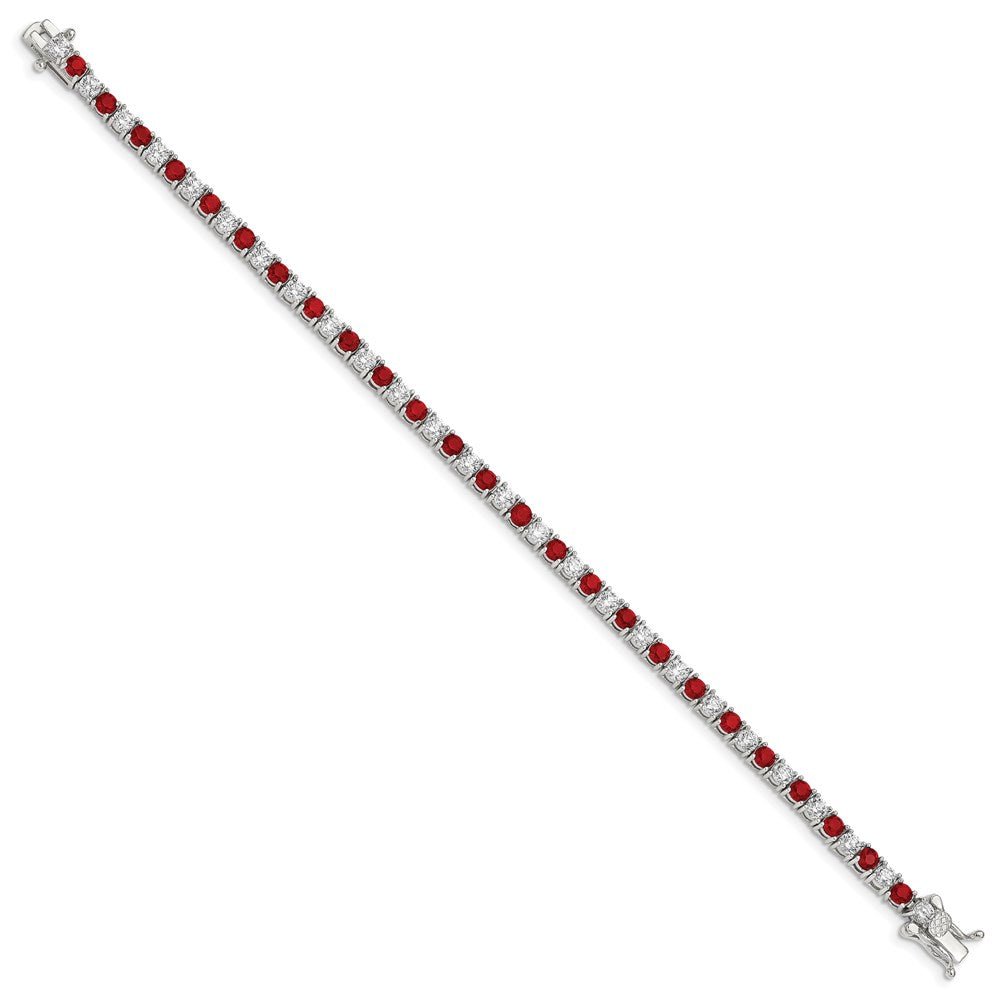 Sterling Silver Rhodium-plated Red Glass and CZ  7 inch Bracelet QX439CZ