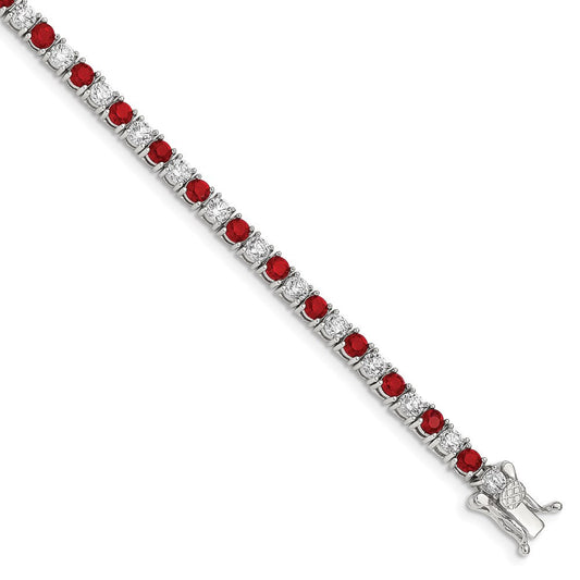 Sterling Silver Rhodium-plated Red Glass and CZ  7 inch Bracelet QX439CZ