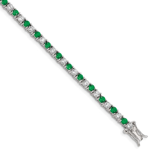 Sterling Silver Rhodium-plated Green Glass and CZ  7 inch Bracelet QX440CZ