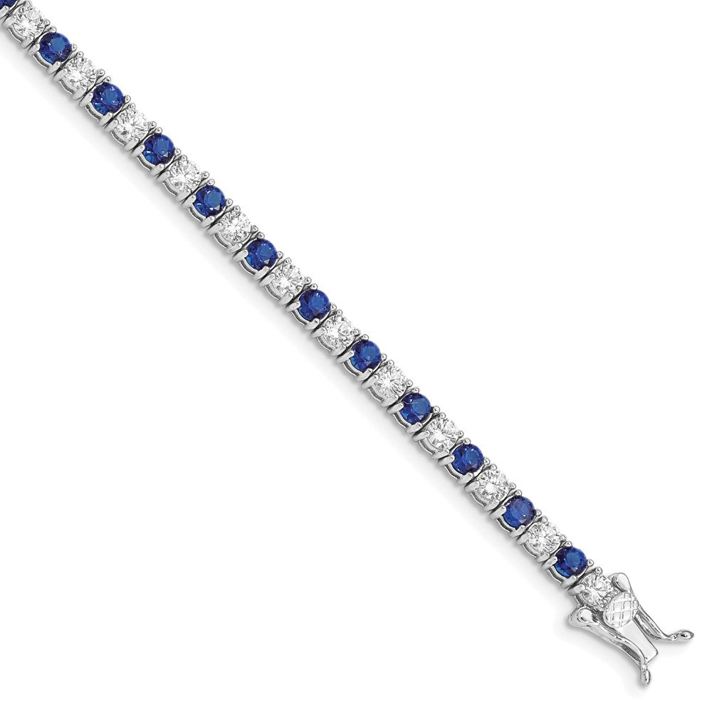 Sterling Silver Rhodium-plated Blue Glass and CZ 7 inch Bracelet QX441CZ