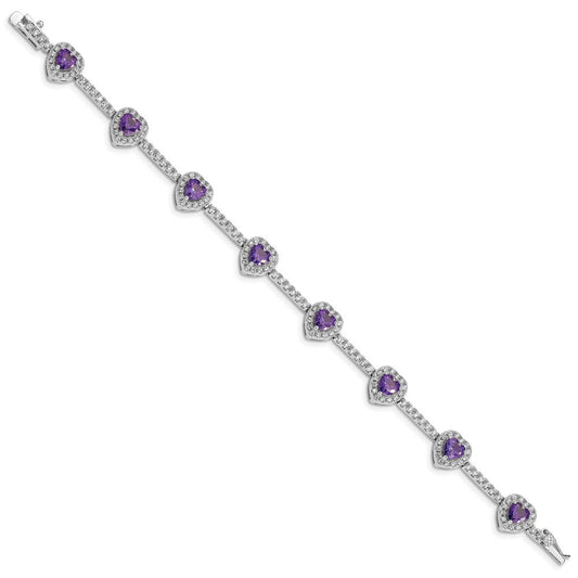 Sterling Silver Rhodium-plated Amethyst and Clear CZ Heart Bracelet QX452AM