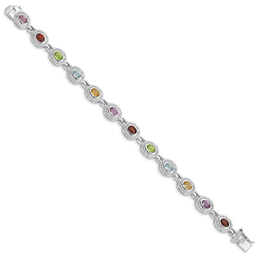 Sterling Silver Rhod-pltd 7inch Rainbow Multi-gemstone Bracelet QX474RB