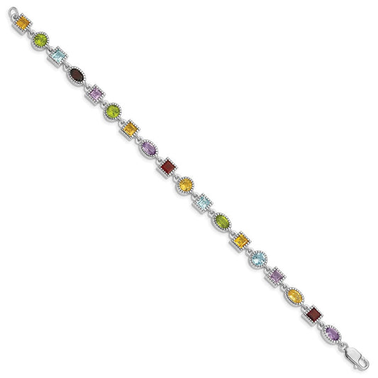 Sterling Silver 7inch Rhod Plated Rainbow Multi-gemstone Bracelet QX476RB