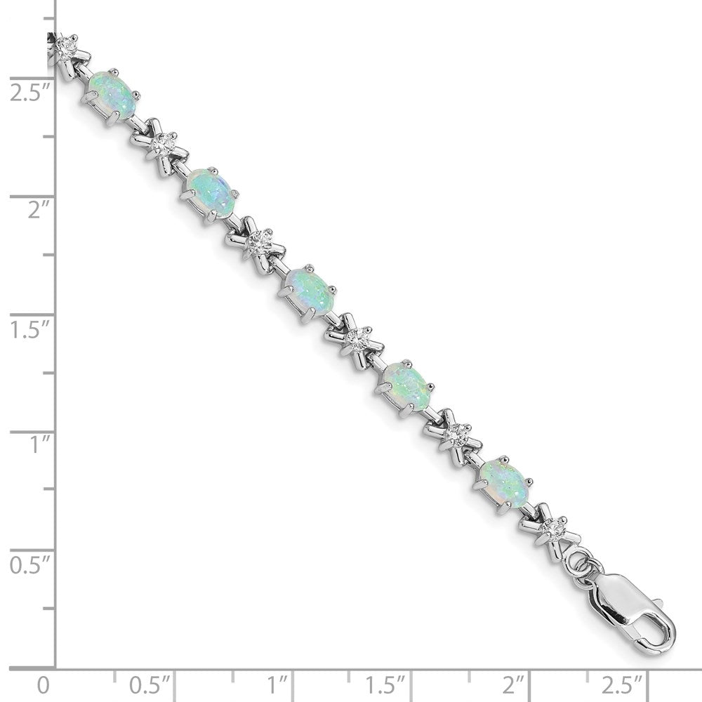 Sterling Silver Rhodium Plated 7inch CZ/Created Opal XO Bracelet QX521CP