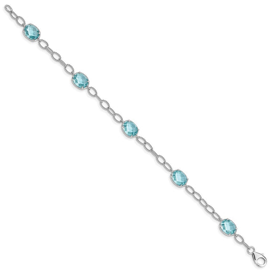Sterling Silver Rhodium-plated Aqua Blue CZ Textured Link Bracelet QX605CZ