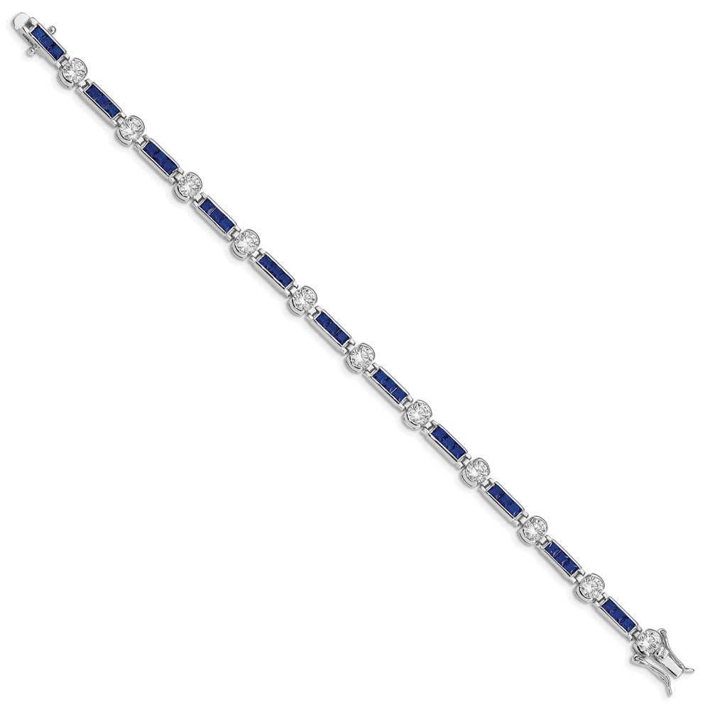 Sterling Silver Rhodium-plated Blue Glass and CZ 7.25 inch Bracelet QX631CZ