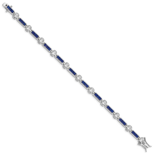 Sterling Silver Rhodium-plated Blue Glass and CZ 7.25 inch Bracelet QX631CZ