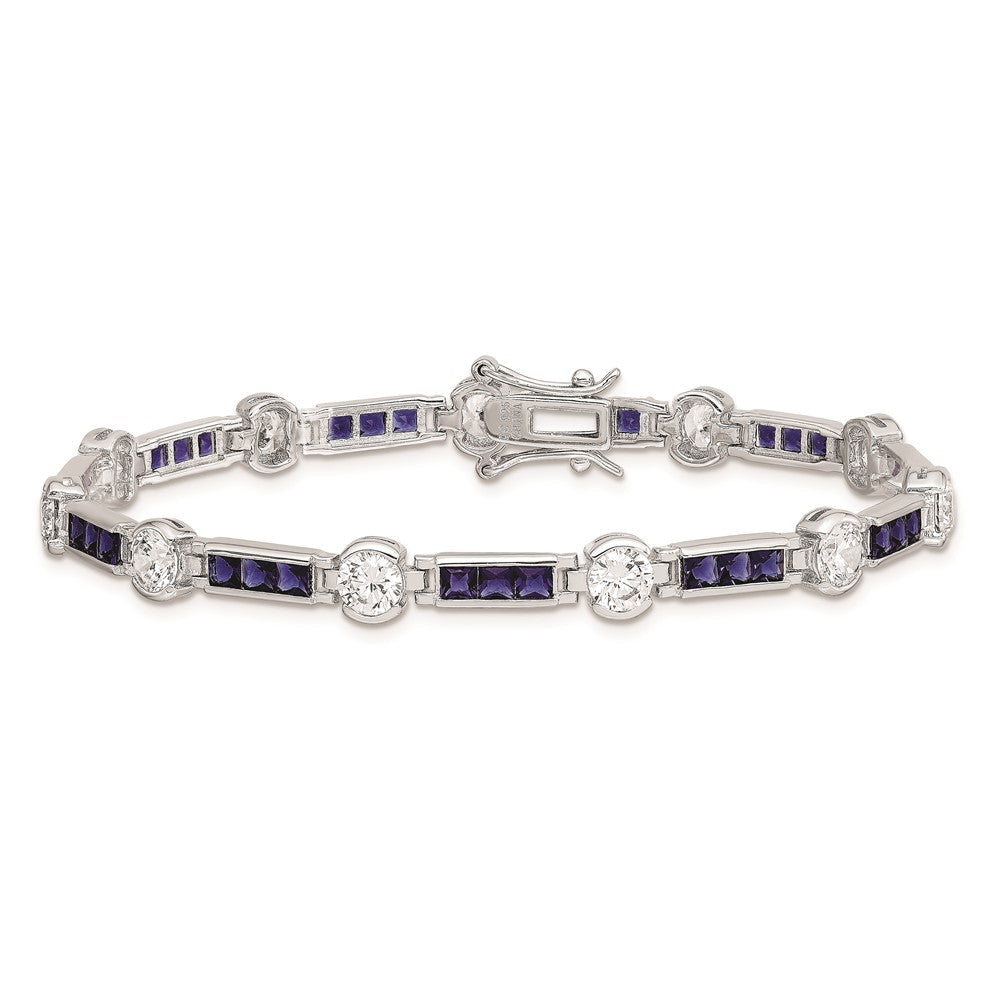 Sterling Silver Rhodium-plated Blue Glass and CZ 7.25 inch Bracelet QX631CZ