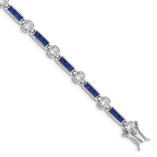 Sterling Silver Rhodium-plated Blue Glass and CZ 7.25 inch Bracelet QX631CZ