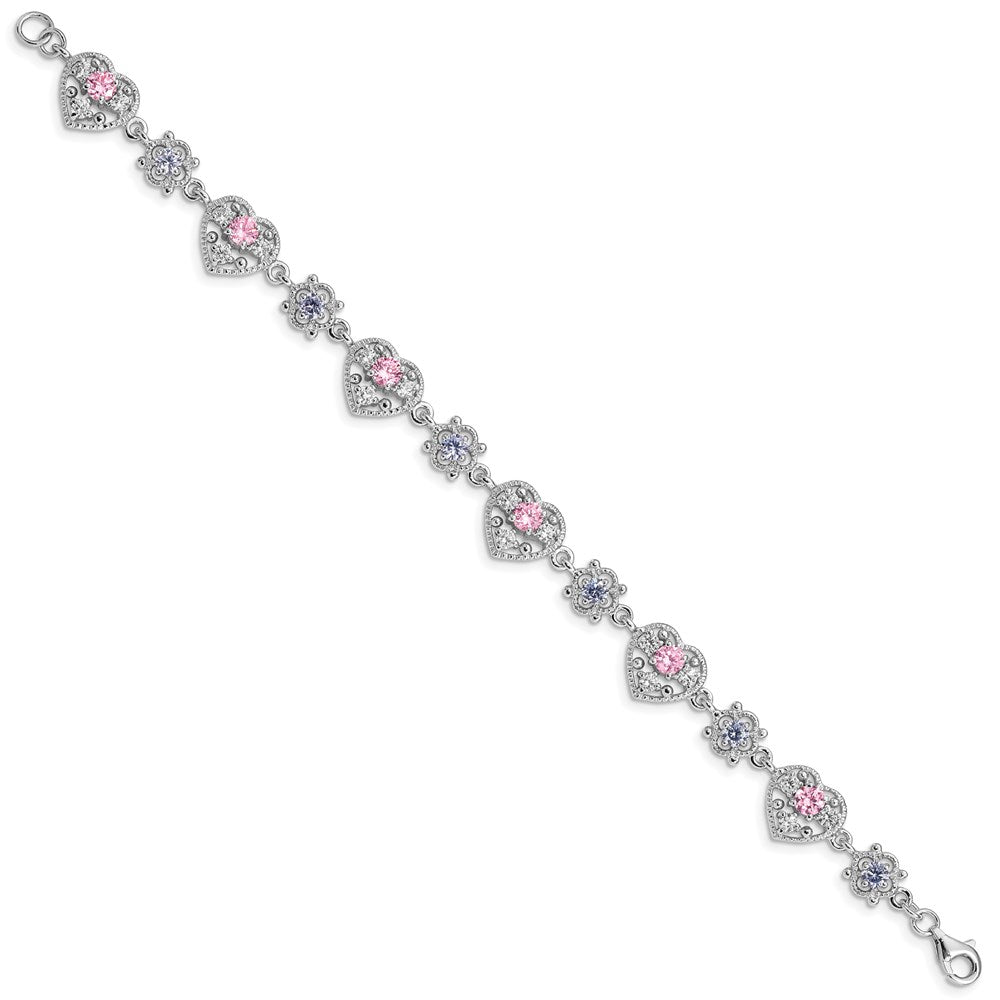 Sterling Silver Rhod-plated 7inch Pink and Clear CZ Heart Bracelet QX638CZ