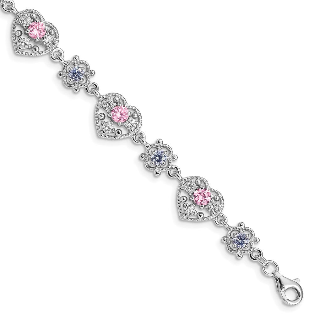 Sterling Silver Rhod-plated 7inch Pink and Clear CZ Heart Bracelet QX638CZ