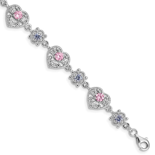 Sterling Silver Rhod-plated 7inch Pink and Clear CZ Heart Bracelet QX638CZ