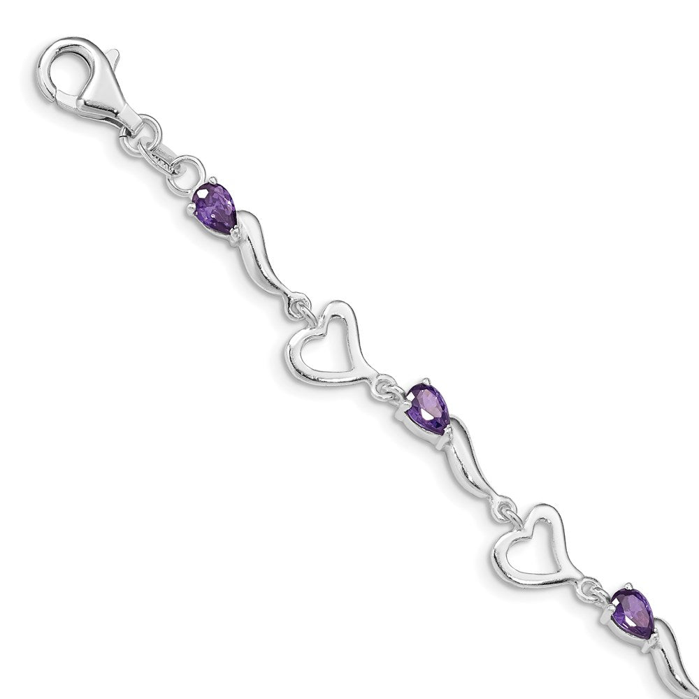 Sterling Silver Rhodium-plated Amethyst Polished Fancy Heart Bracelet QX809AM