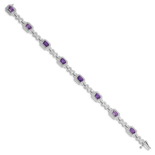 Sterling Silver Rhodium-plated Diamond & Amethyst Bracelet QX818AM