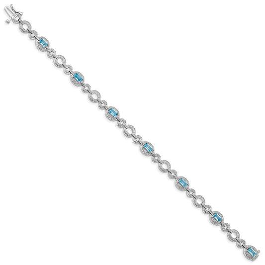 Sterling Silver Rhodium-plated Dia. & Lt Swiss Blue Topaz Oval Bracelet QX819BT