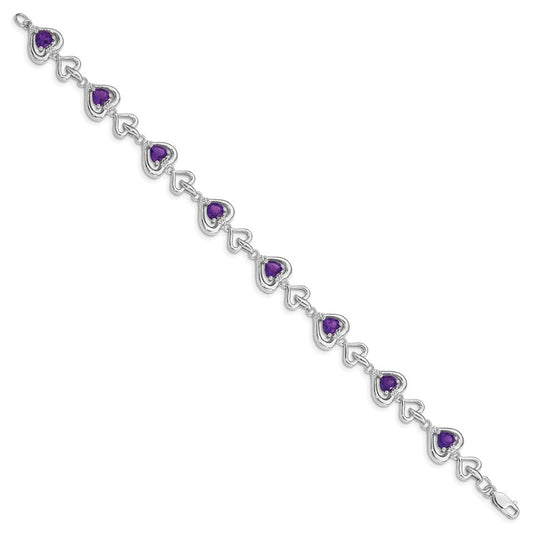 Sterling Silver Rhodium-plated Diamond & Heart Link Amethyst Bracelet QX826AM