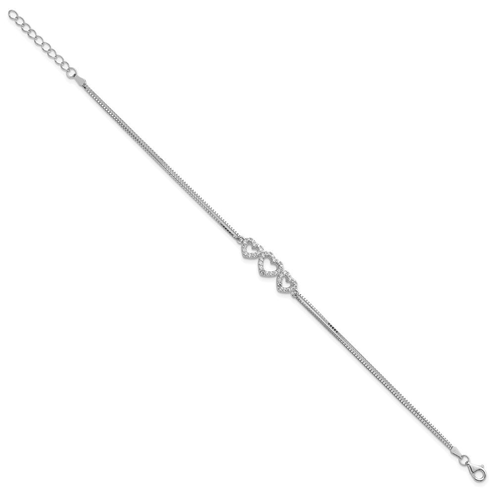 Sterling Silver Rhodium-plated Polished Three Linked CZ Open Hearts 7 inch Bracelet with 1 inch extension QX923CZ