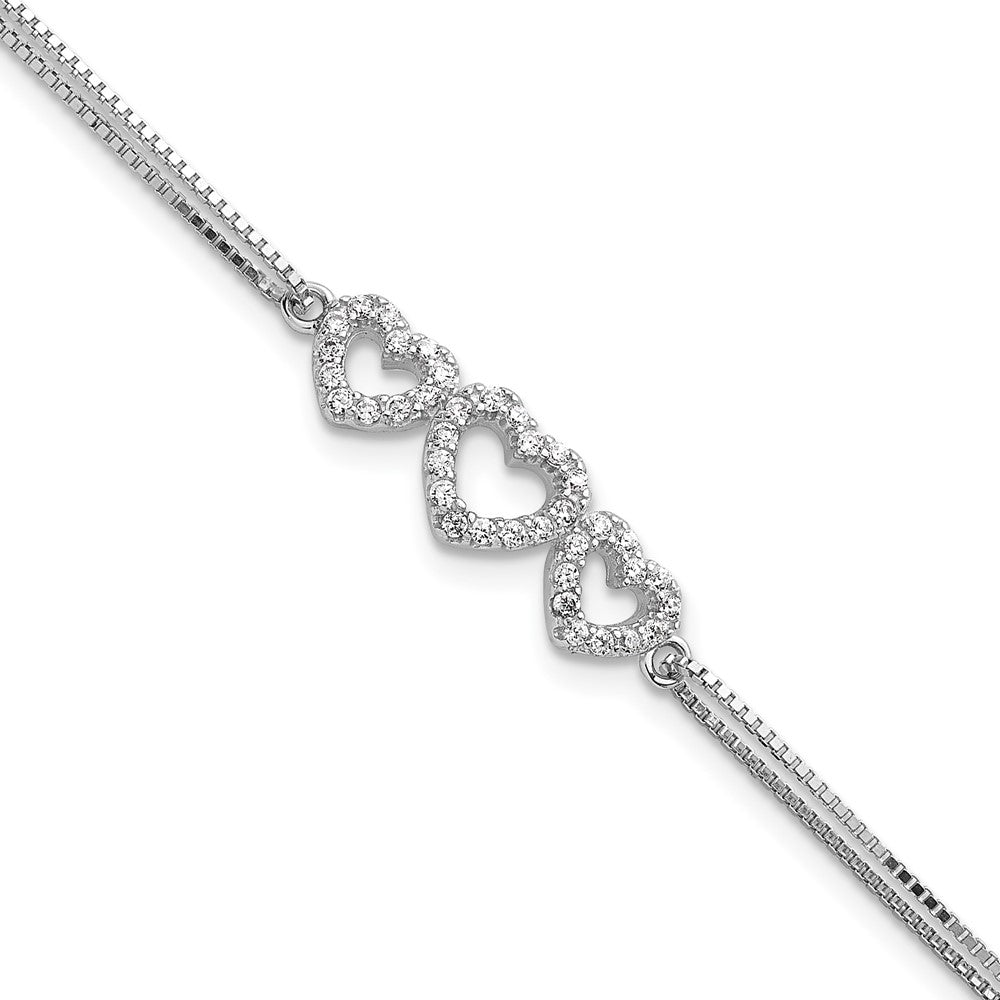 Sterling Silver Rhodium-plated Polished Three Linked CZ Open Hearts 7 inch Bracelet with 1 inch extension QX923CZ