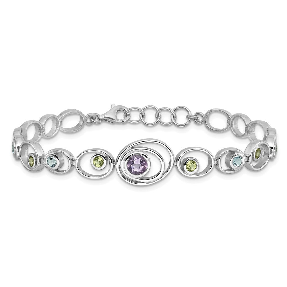 Sterling Silver Rhodium-plated w/Peridot, Blue Topaz &Amethyst Bracelet QX950RB