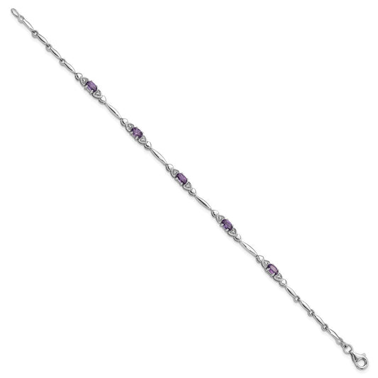 SS Rhodium-plated Amethyst and Diamond Heart 7.5in Bracelet QX995AM