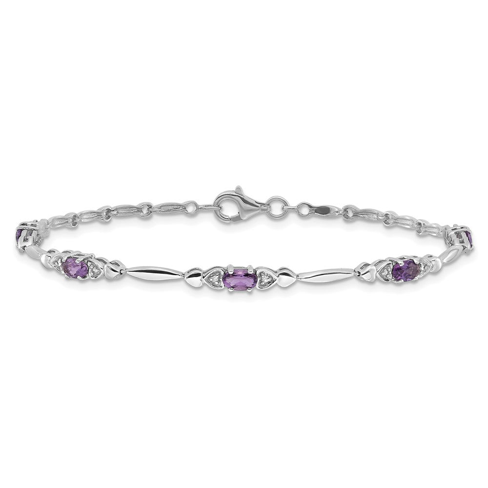 SS Rhodium-plated Amethyst and Diamond Heart 7.5in Bracelet QX995AM