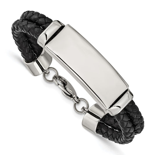 Chisel Stainless Steel Polished Black Woven Leather Multi Strand 8.25 inch ID Bracelet SRB1255-8.25