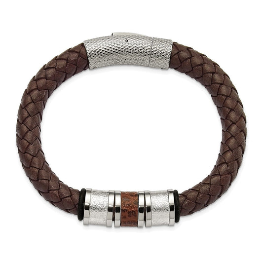 Chisel Stainless Steel Polished and Textured Brown and Metallic Color Leather with Black Rubber 8.25 inch Bracelet SRB1261-8.25