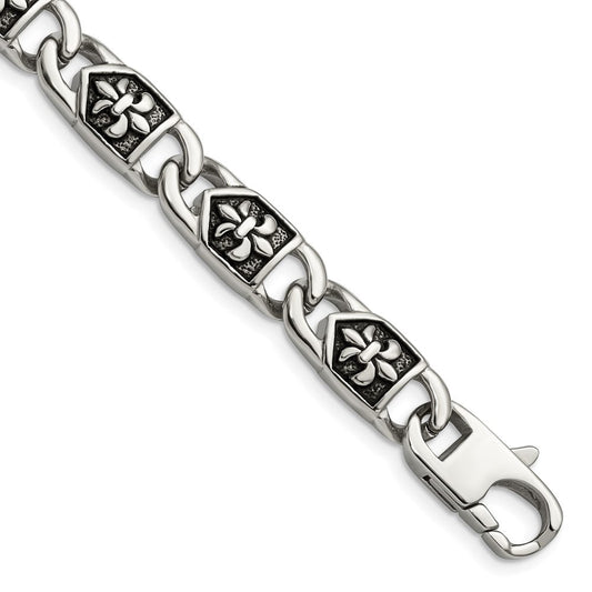 Chisel Stainless Steel Antiqued and Polished Fleur de Lis 8.75 inch Link Bracelet SRB1270-8.75