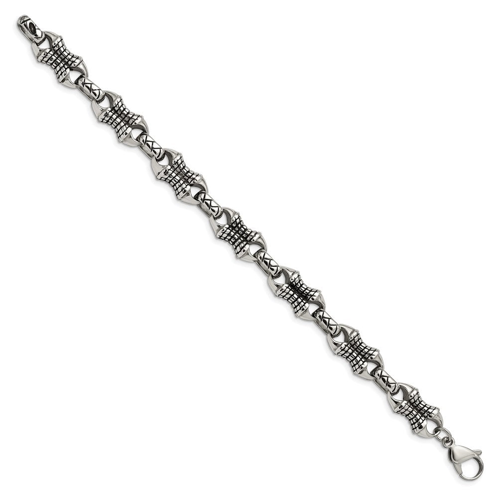 Chisel Stainless Steel Antiqued and Polished 8.75 inch Patterned Link Bracelet SRB1271-8.75
