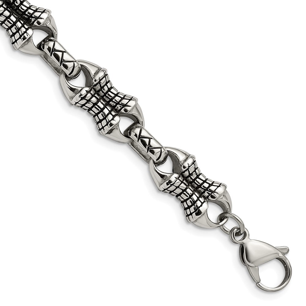 Chisel Stainless Steel Antiqued and Polished 8.75 inch Patterned Link Bracelet SRB1271-8.75