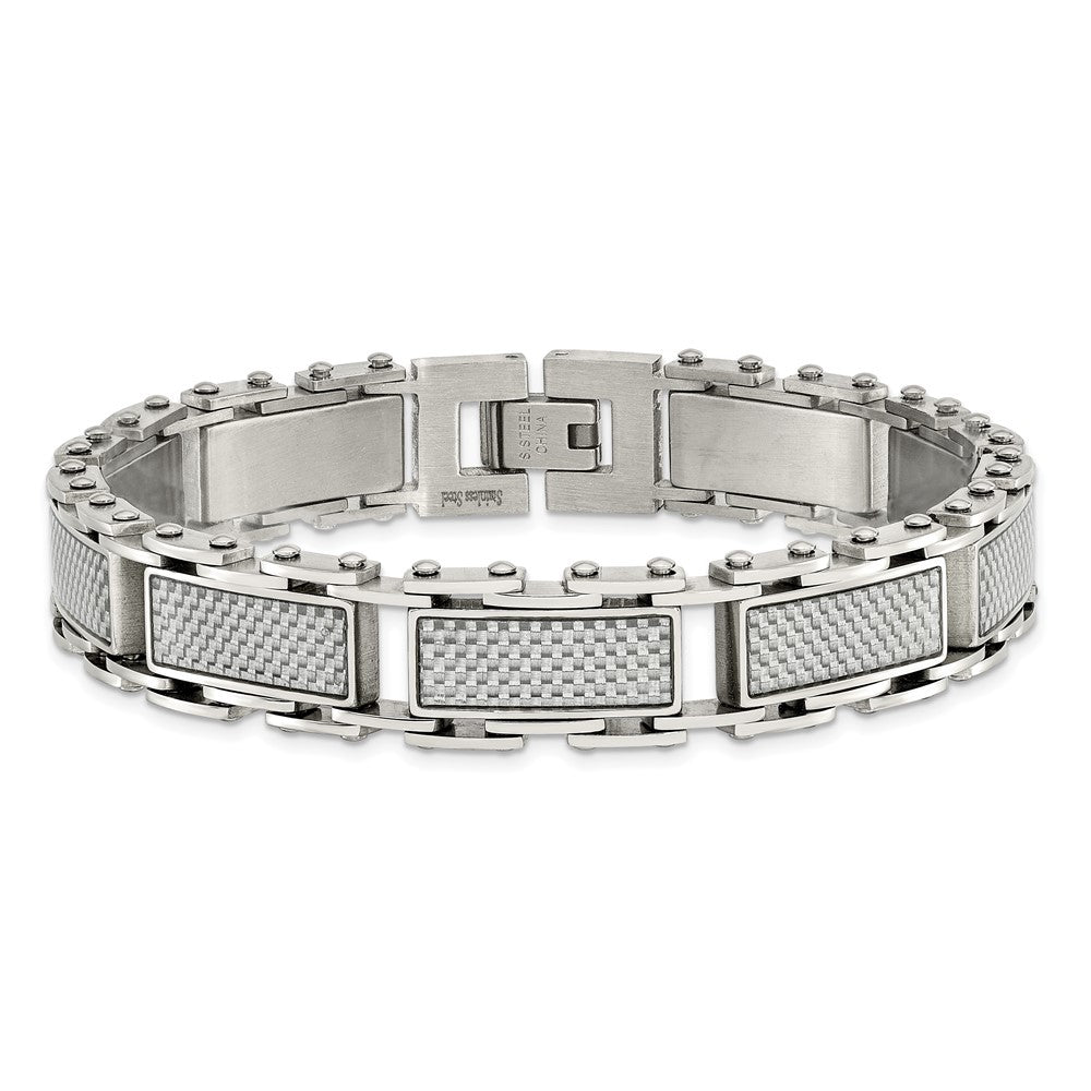 Chisel Stainless Steel Polished with Grey Carbon Fiber Inlay 8.5 inch Link Bracelet SRB1292-8.5