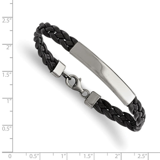 Chisel Stainless Steel Polished Braided Black Leather 8 inch ID Bracelet SRB1326