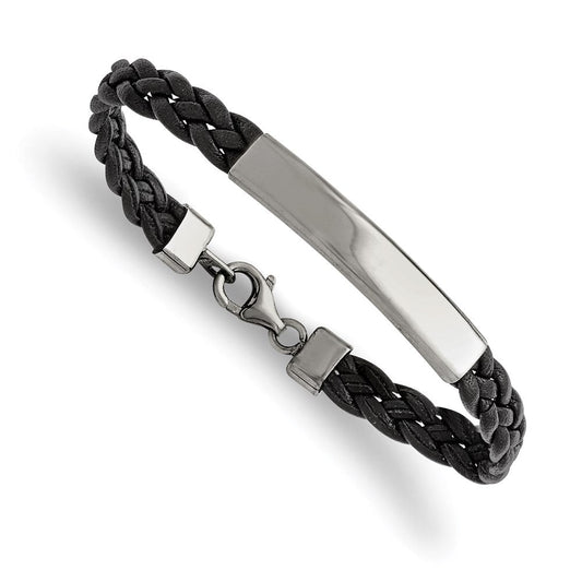 Chisel Stainless Steel Polished Braided Black Leather 7.25 inch ID Bracelet SRB1326