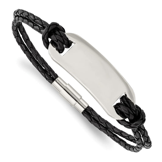 Chisel Stainless Steel Polished Black Woven Leather 8.25 inch ID Bracelet SRB1330-8.25