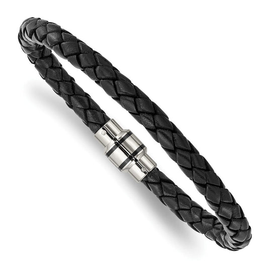 Chisel Stainless Steel Polished Black IP-plated Black Braided Leather 9 inch Bracelet SRB1347-9