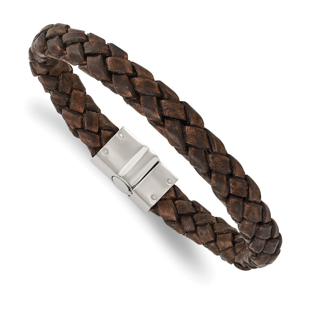 Chisel Stainless Steel Polished Brown Woven Leather 8.75 inch Bracelet SRB1349-8.75