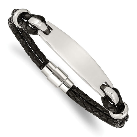 Chisel Stainless Steel Polished Black Woven Leather 8.5 inch ID Bracelet SRB1361-8.5