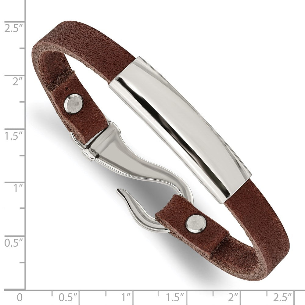 Chisel Stainless Steel Polished Brown Leather 8.5 inch ID Bracelet SRB1363-8.5