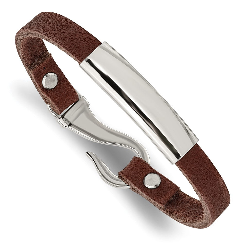 Chisel Stainless Steel Polished Brown Leather 8.5 inch ID Bracelet SRB1363-8.5