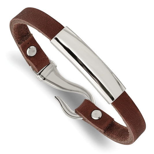 Chisel Stainless Steel Polished Brown Leather 8.5 inch ID Bracelet SRB1363-8.5